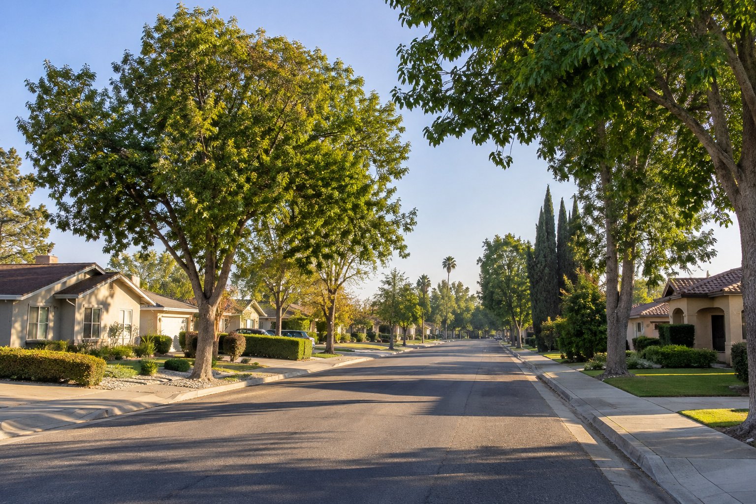 A quiet Modesto street with bungalows, illustrative