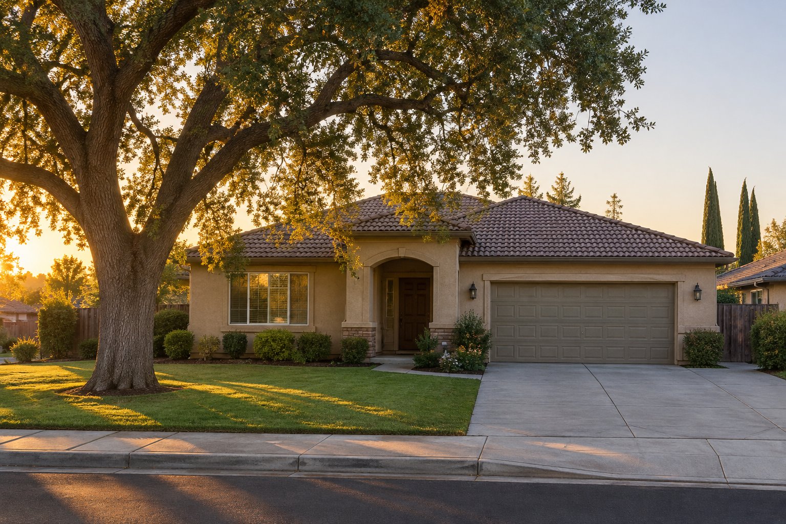 A Central Valley stucco home with a valley oak in soft evening light, illustrative