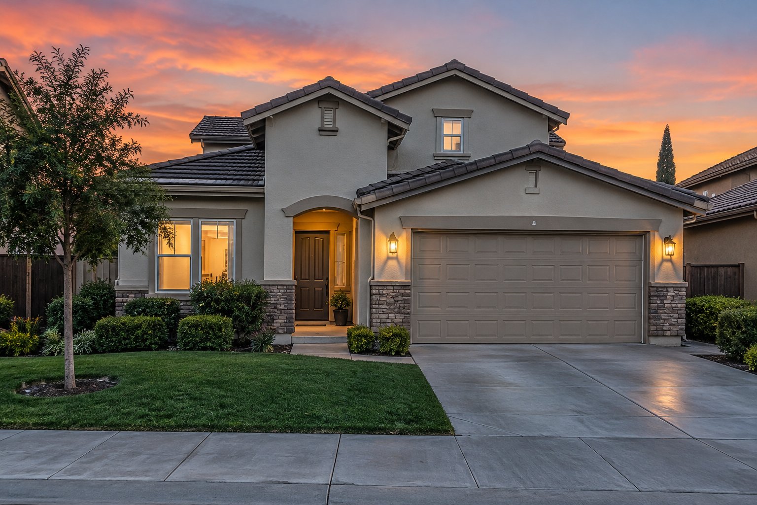 A Modesto home at dusk, illustrative